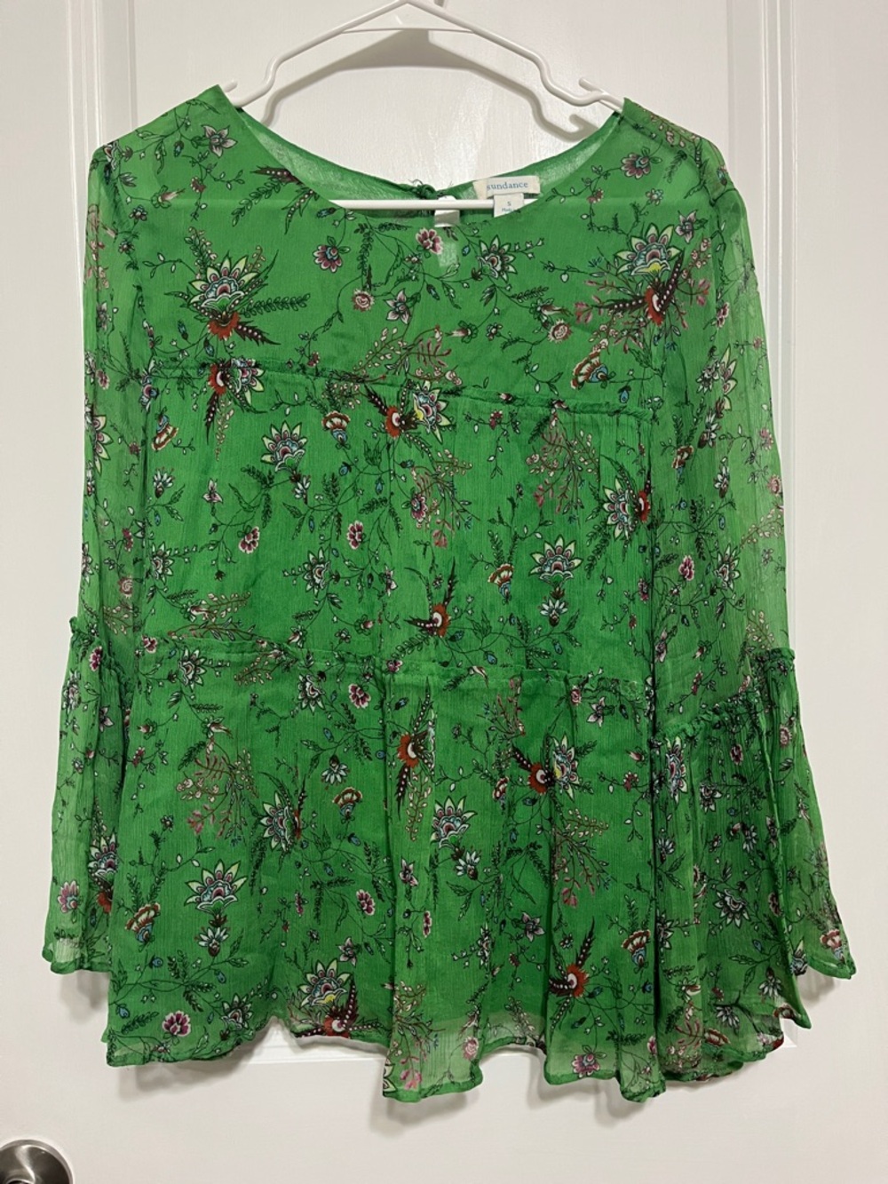 Sundance Green Floral Chiffon Bell-Sleeve Blouse Small - Picture 1 of 8